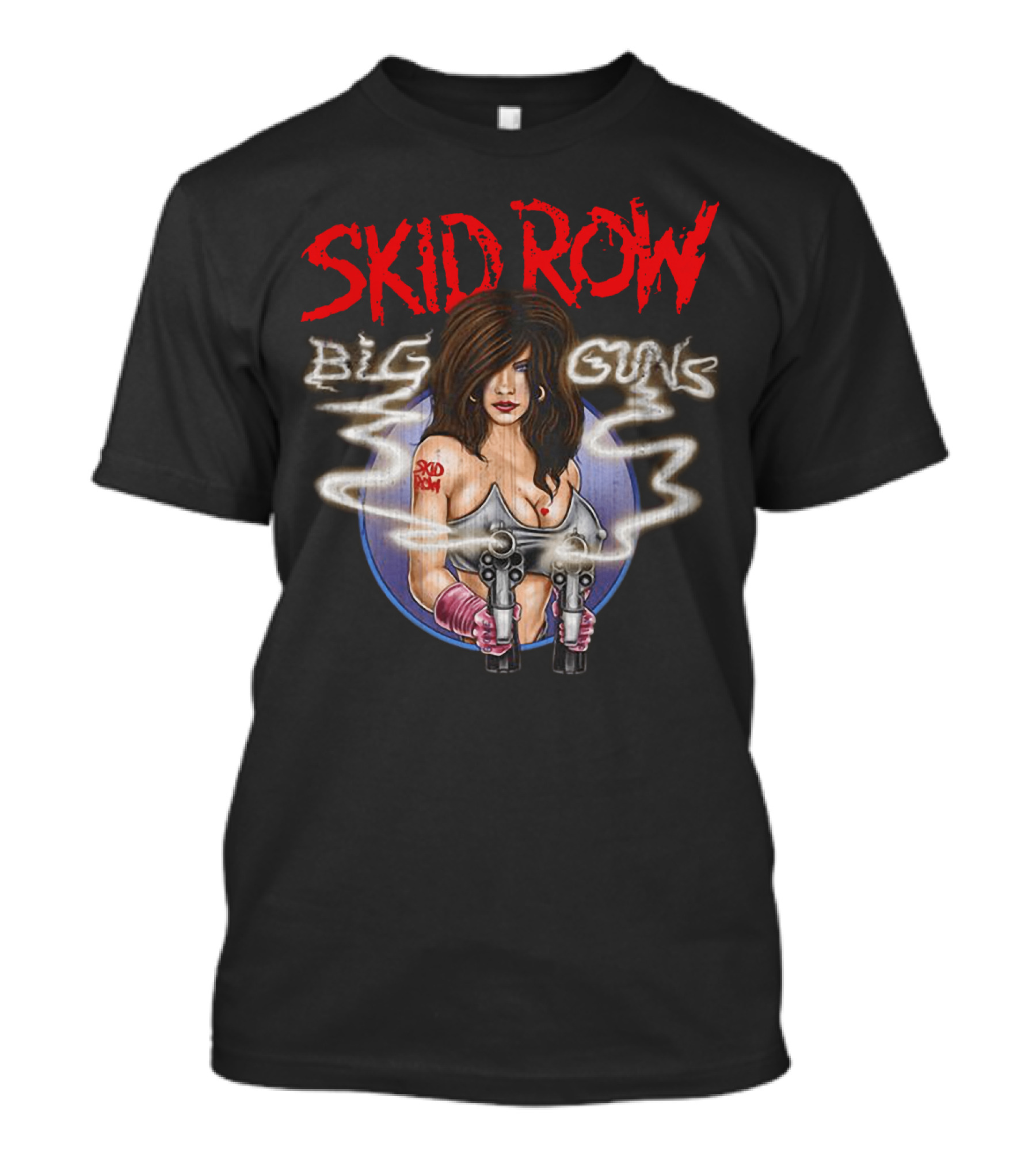 Skid Row Big Guns Heavy Metal Fan Art With Smoking Pistols Motif T-Shirt