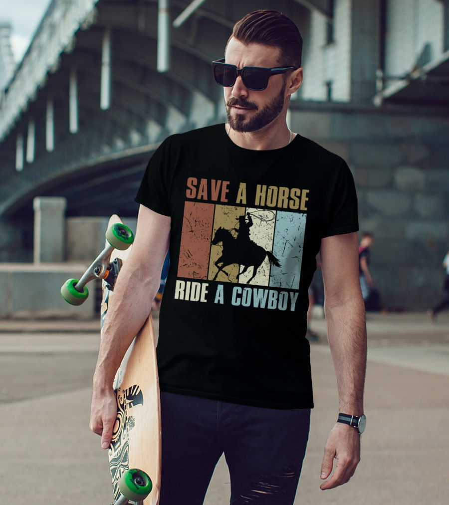 Save A Horse Ride A Cowboy Funny Vintage Horse Lovers Silhouette Retro Colors T-Shirt