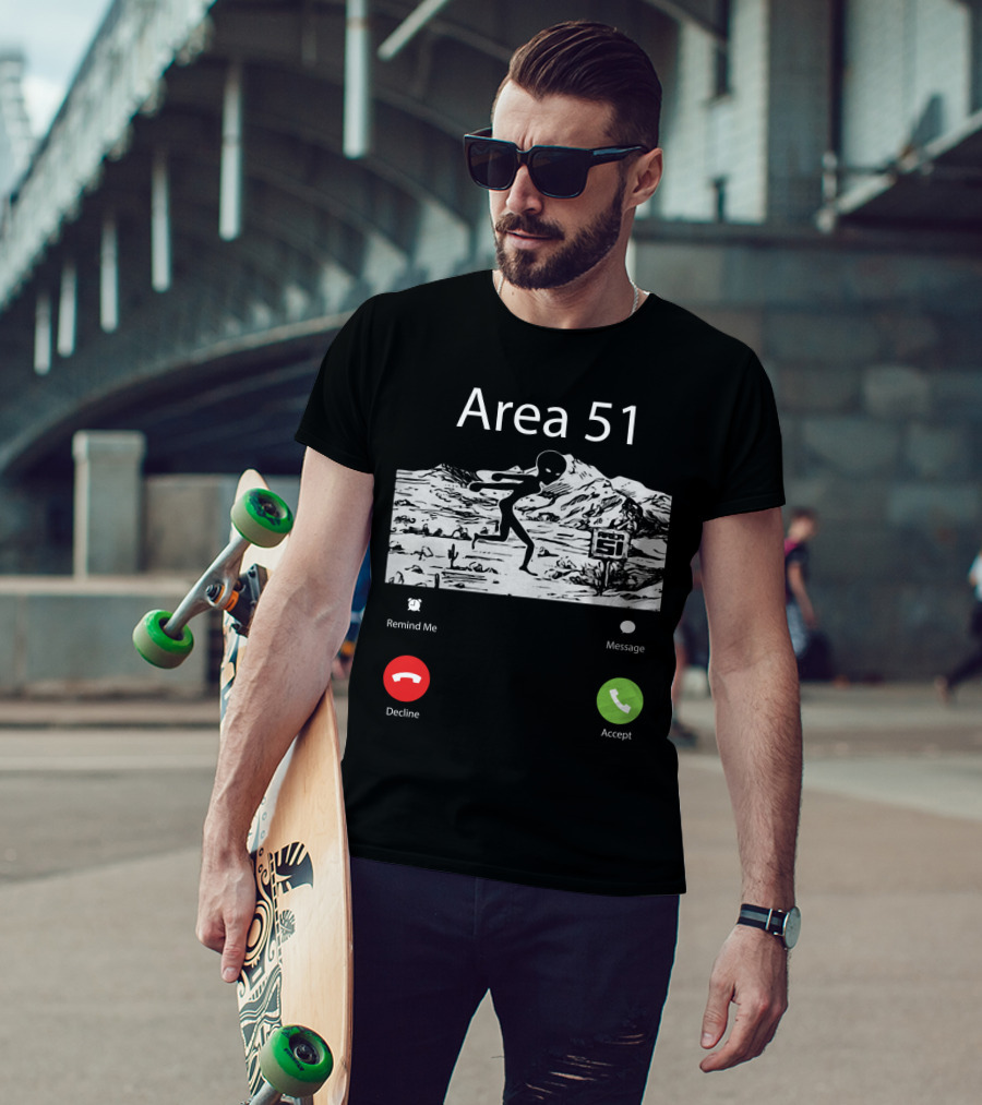 Area 51 Alien Running Desert Landscape With Call Options Remind Me Message Decline Accept T-Shirt
