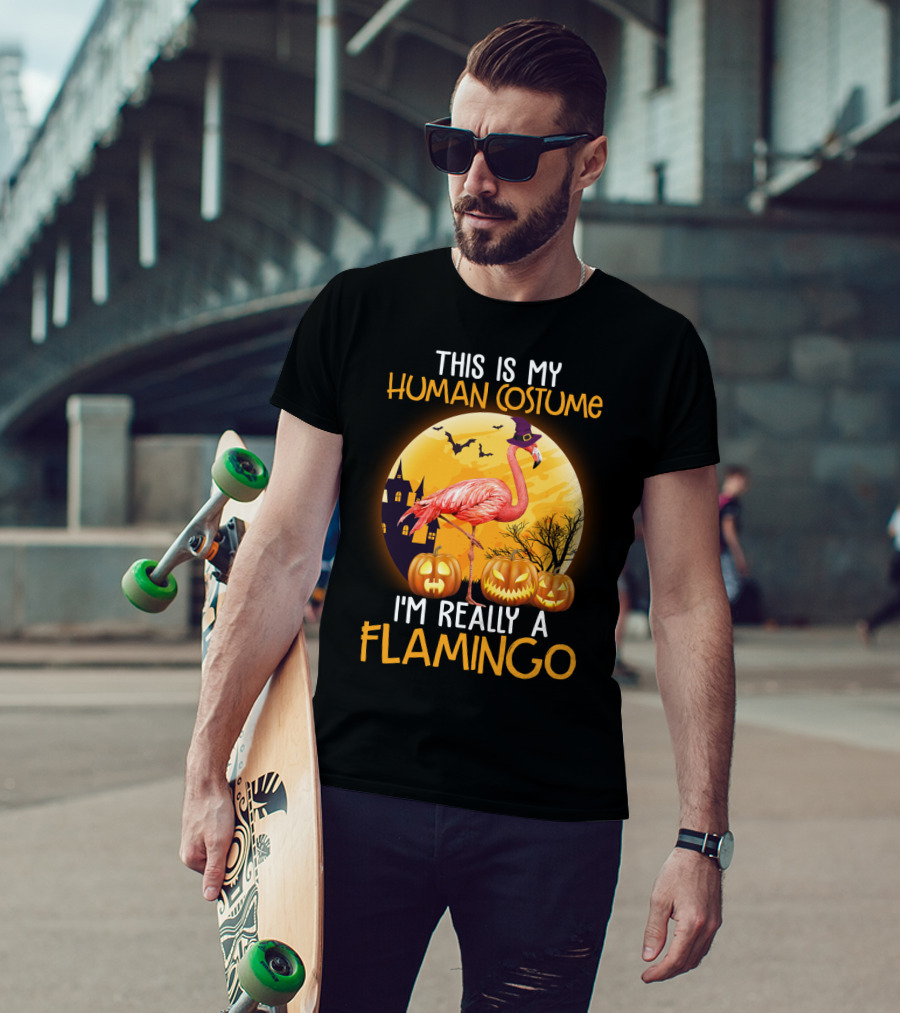 This Is My Human Costume I'm Really A Flamingo Halloween Witch With Pumpkins And Bats T-Shirt