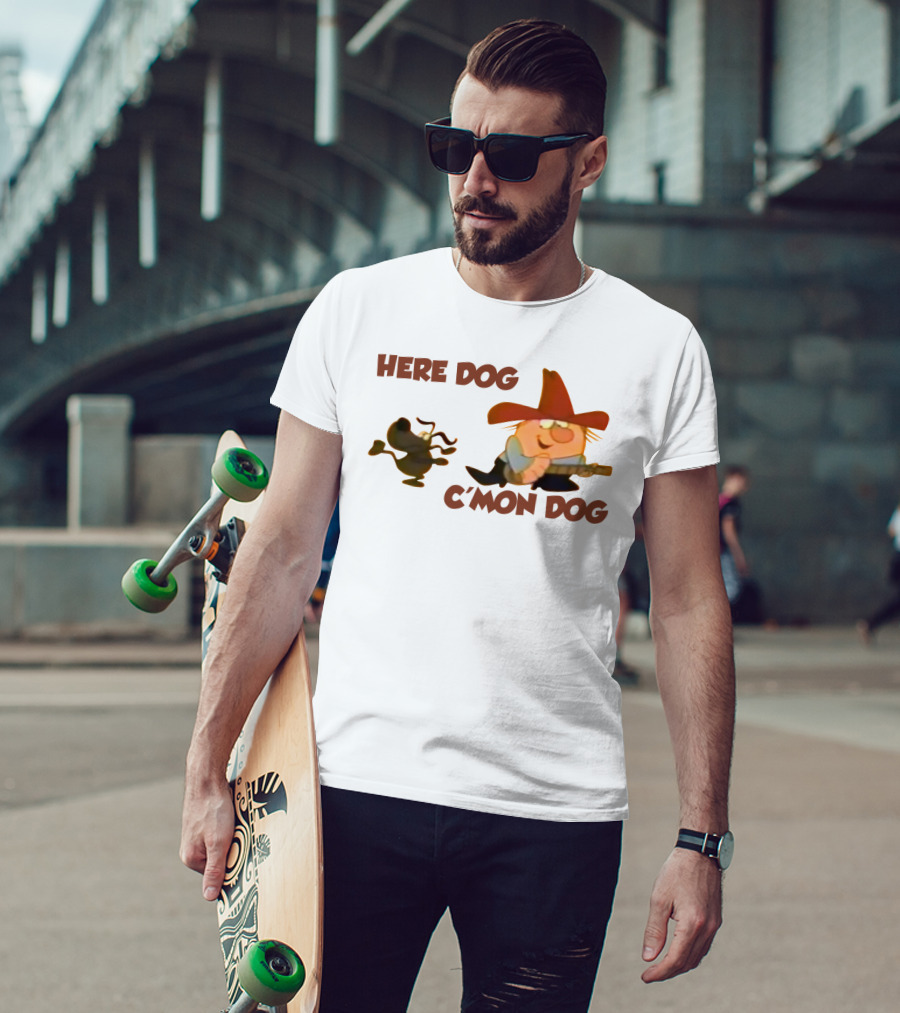 Here Dog C'mon Dog Cartoon Character With Cowboy Hat And Guitar T-Shirt