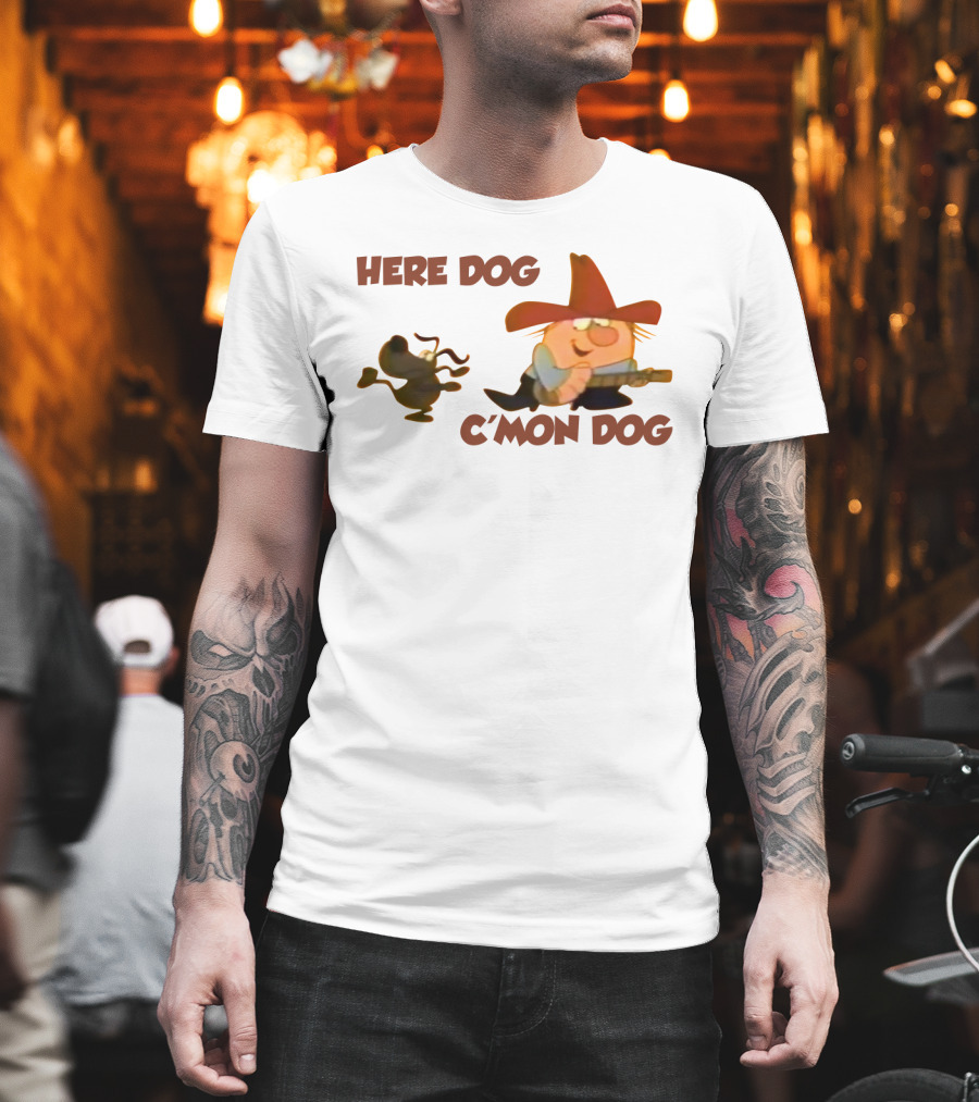 Here Dog C'mon Dog Cartoon Character with Cowboy Hat and Guitar T-Shirt