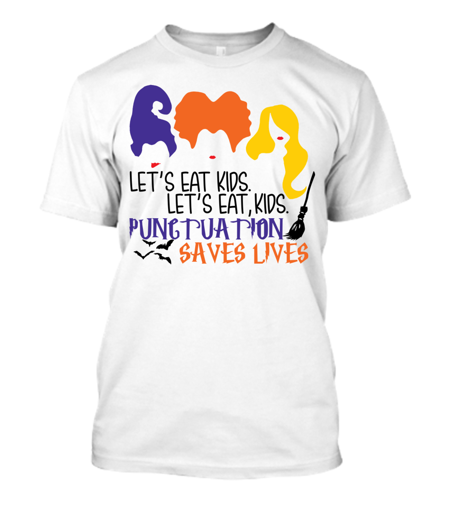 Let's Eat Kids Hocus Pocus Punctuation Saves Lives With Witch Silhouettes And Bats T-Shirt