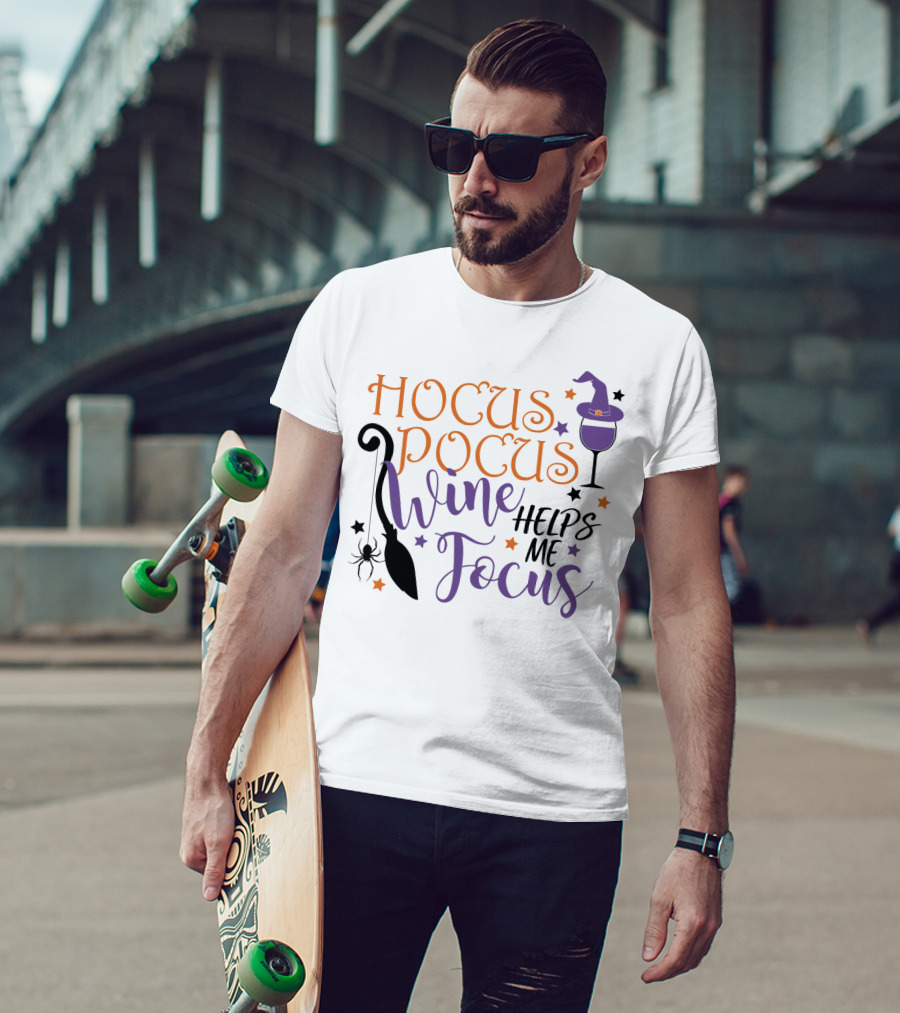 Hocus Pocus Wine Helps Me Focus Funny Halloween Witch Hat Broom Spider Stars T-Shirt