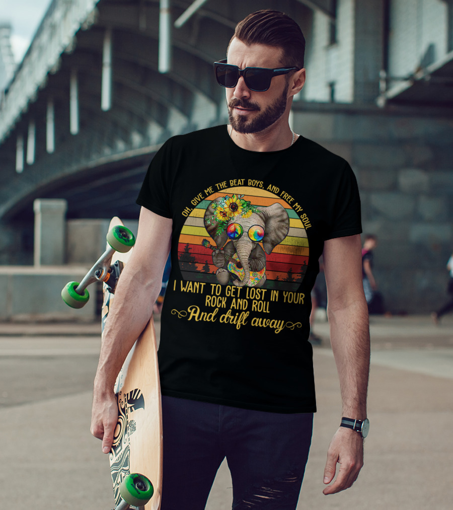 Oh Give Me The Beat Boys And Free My Soul I Want To Get Lost In Your Rock And Roll And Drift Away Retro Elephant With Guitar And Flowers T-Shirt