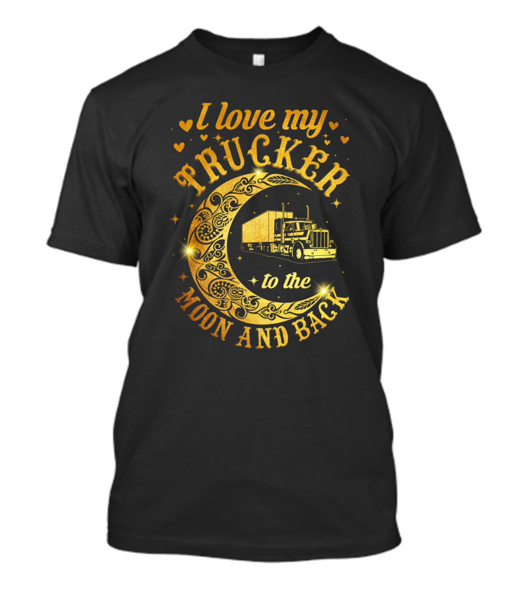 Whimsical Heartfelt Tribute: I Love My Trucker To The Moon And Back With Intricate Crescent Moon And Classic Truck Visuals T-Shirt