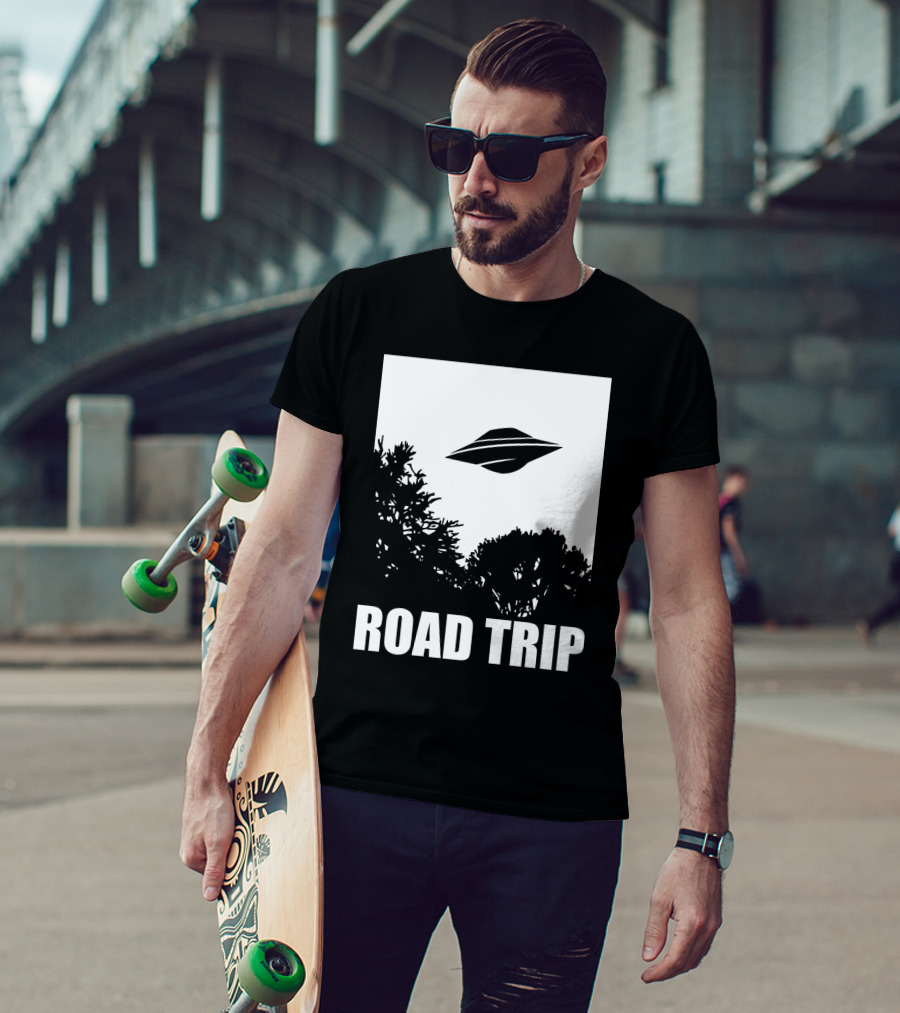 Road Trip UFO Flying Over Silhouette Trees T-Shirt