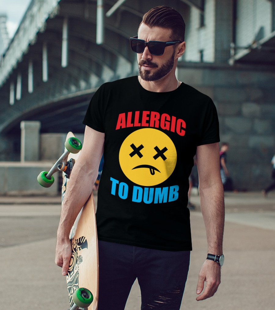 Allergic To Dumb Funny Sarcasm Tattooed Girls With Yellow Emoticon Face And Crossed Eyes T-Shirt