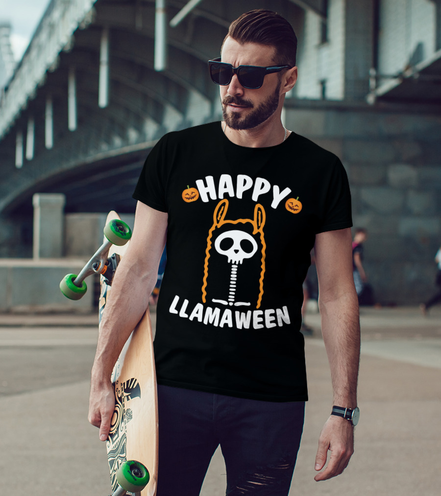 Happy Llamaween Skeleton Llama With Pumpkins And Festive Halloween T-Shirt
