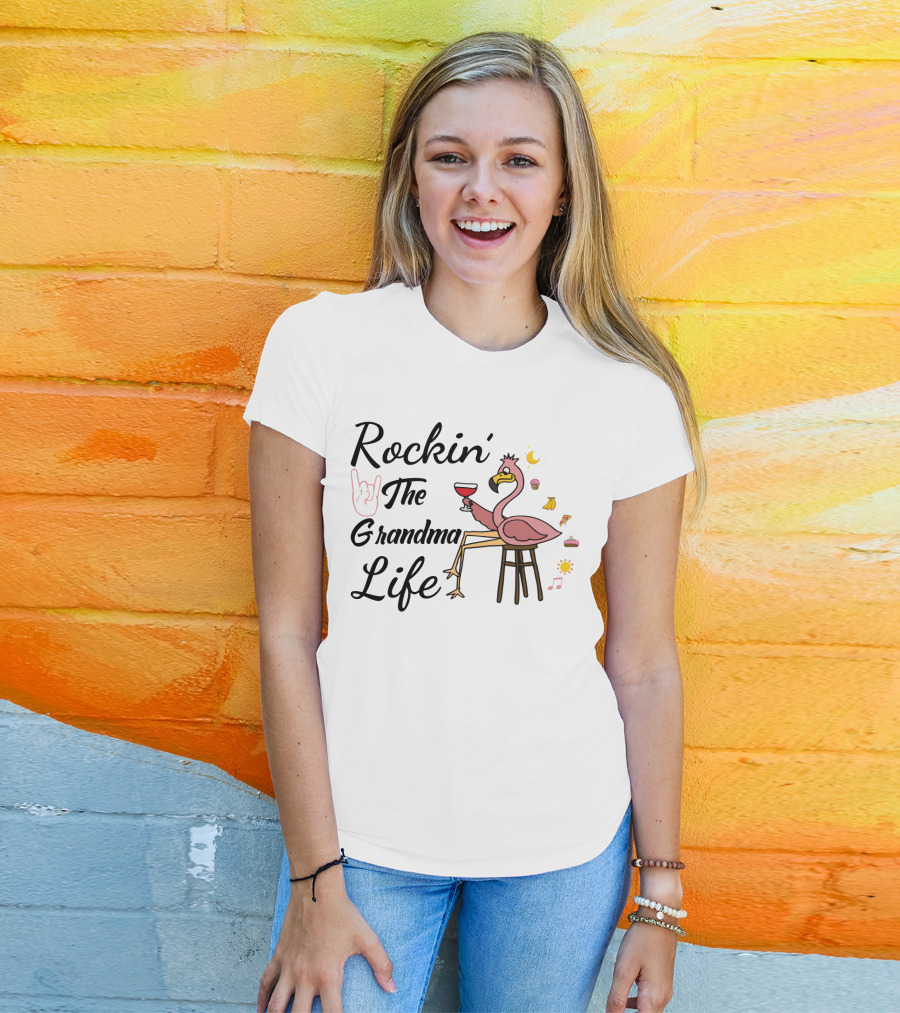 Rockin' The Grandma Life Wine Glass Flamingo With Musical Notes And Cupcakes T-Shirt