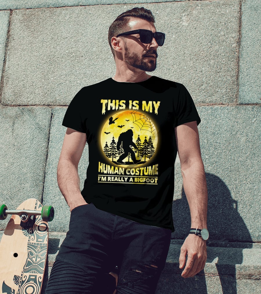 Bigfoot Silhouette In Moonlit Forest With Web And Bats - This Is My Human Costume I'm Really A Bigfoot T-Shirt