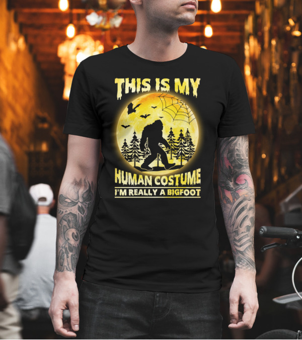 Bigfoot Silhouette in Moonlit Forest with Web and Bats - This is My Human Costume I'm Really a Bigfoot T-Shirt Bigfoot Silhouette in Moonlit Forest with Web and Bats - This is My Human Costume I'm Really a Bigfoot T-Shirt