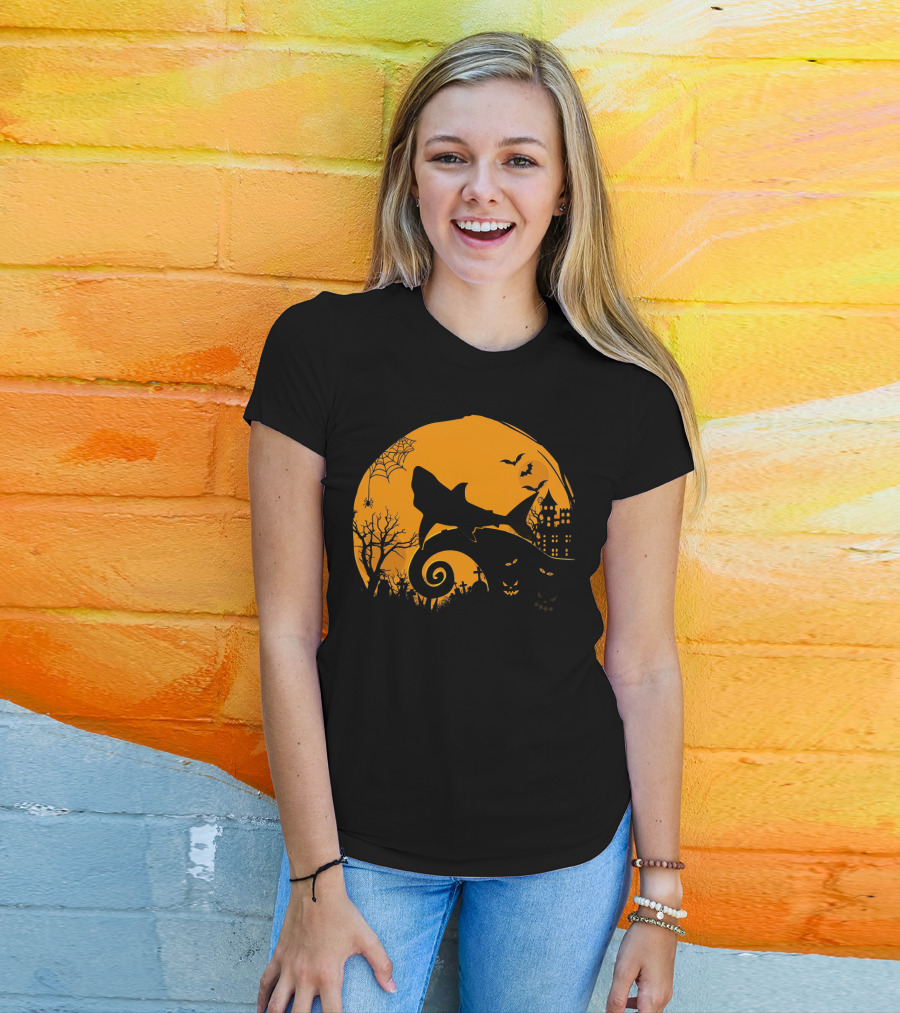 Halloween Shark King Parody In Spooky Nightmarish Setting With Haunted Graveyard Silhouette And Moonlit Spider Web T-Shirt
