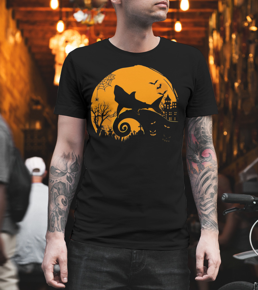 Halloween Shark King Parody in Spooky Nightmarish Setting with Haunted Graveyard Silhouette and Moonlit Spider Web T-Shirt