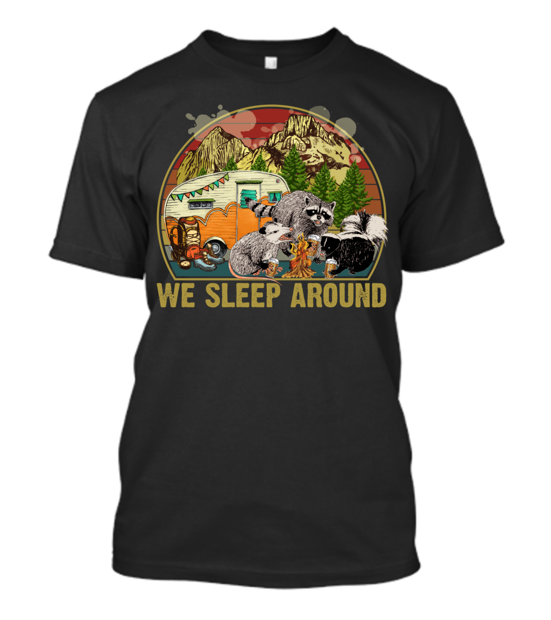 We Sleep Around Raccoon Opossum Skunk Camping Beer Vintage Sunset Wilderness Camper T-Shirt