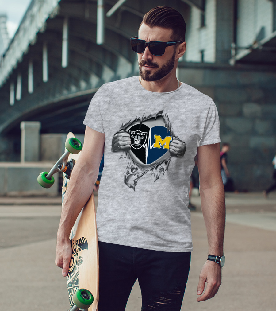 Raiders Michigan Wolverines Heartbeat Football Fan Fusion T-Shirt