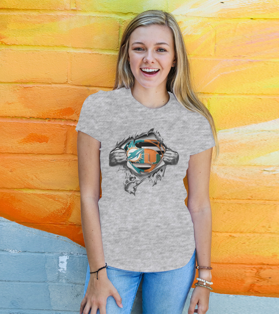 Miami Dolphins Hurricanes Superman Logo Tear Open T-Shirt