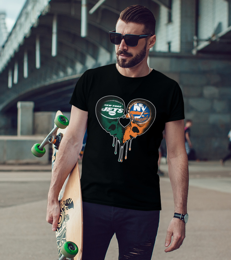 New York Jets NY Islanders Skull Heart Drip T-Shirt