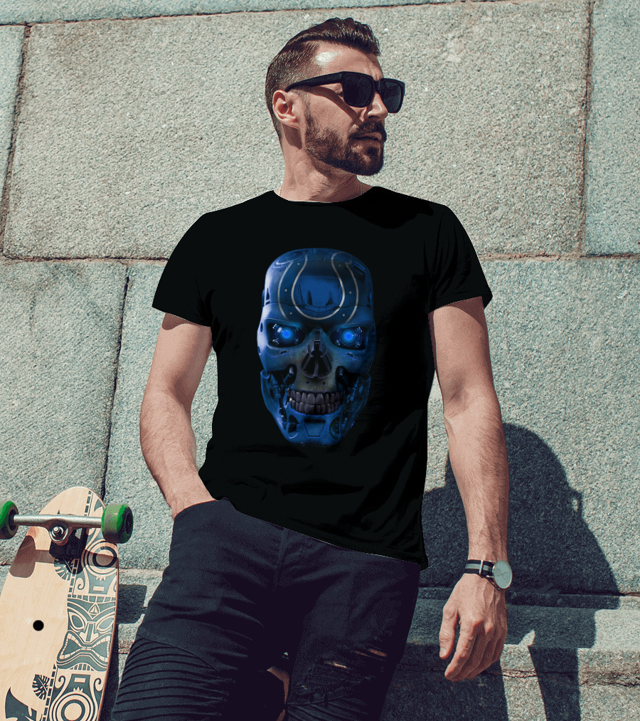 Blue Skull Colts Mechanized Face With Glowing Eyes T-Shirt