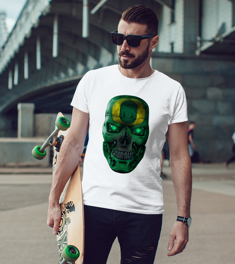 Oregon Ducks Skull Robot Green Neon Eyes T-Shirt