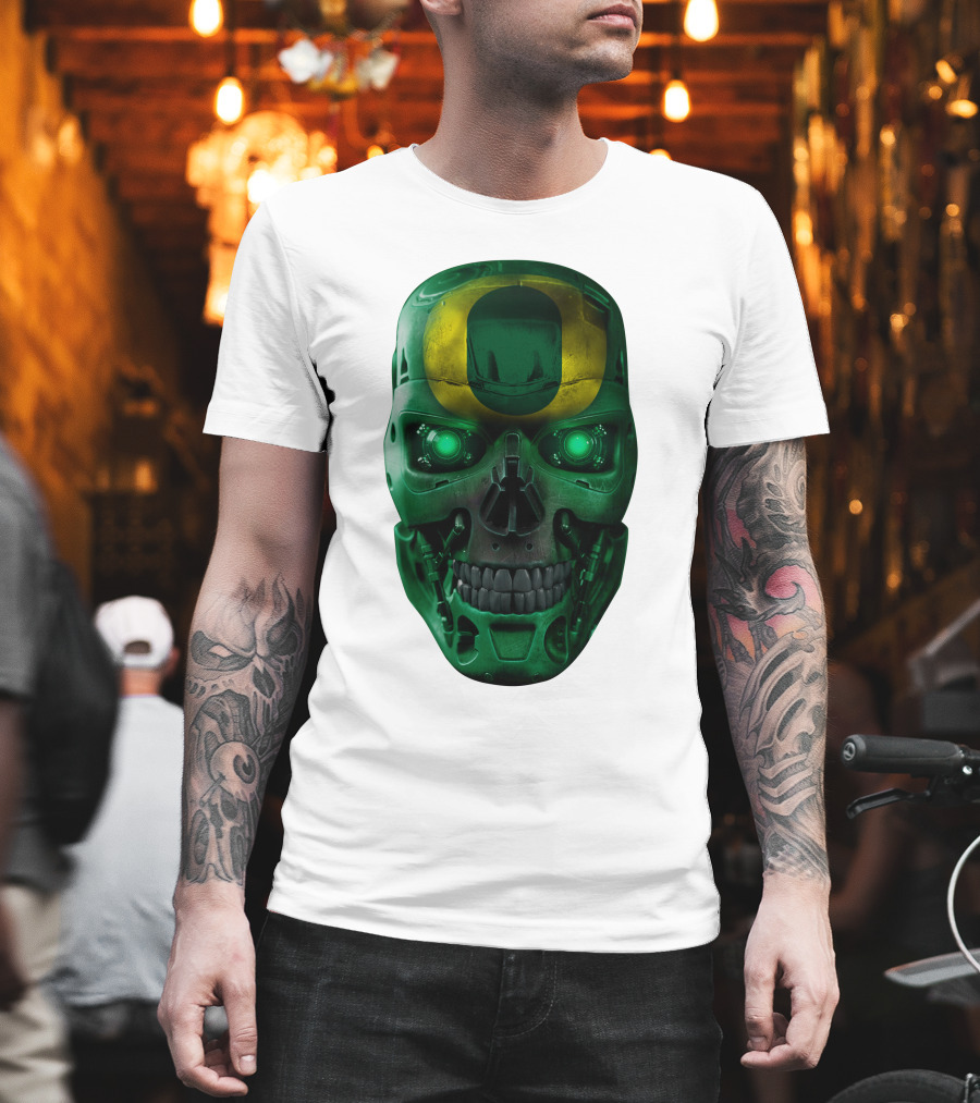 Oregon Ducks Skull Robot Green Neon Eyes T-Shirt
