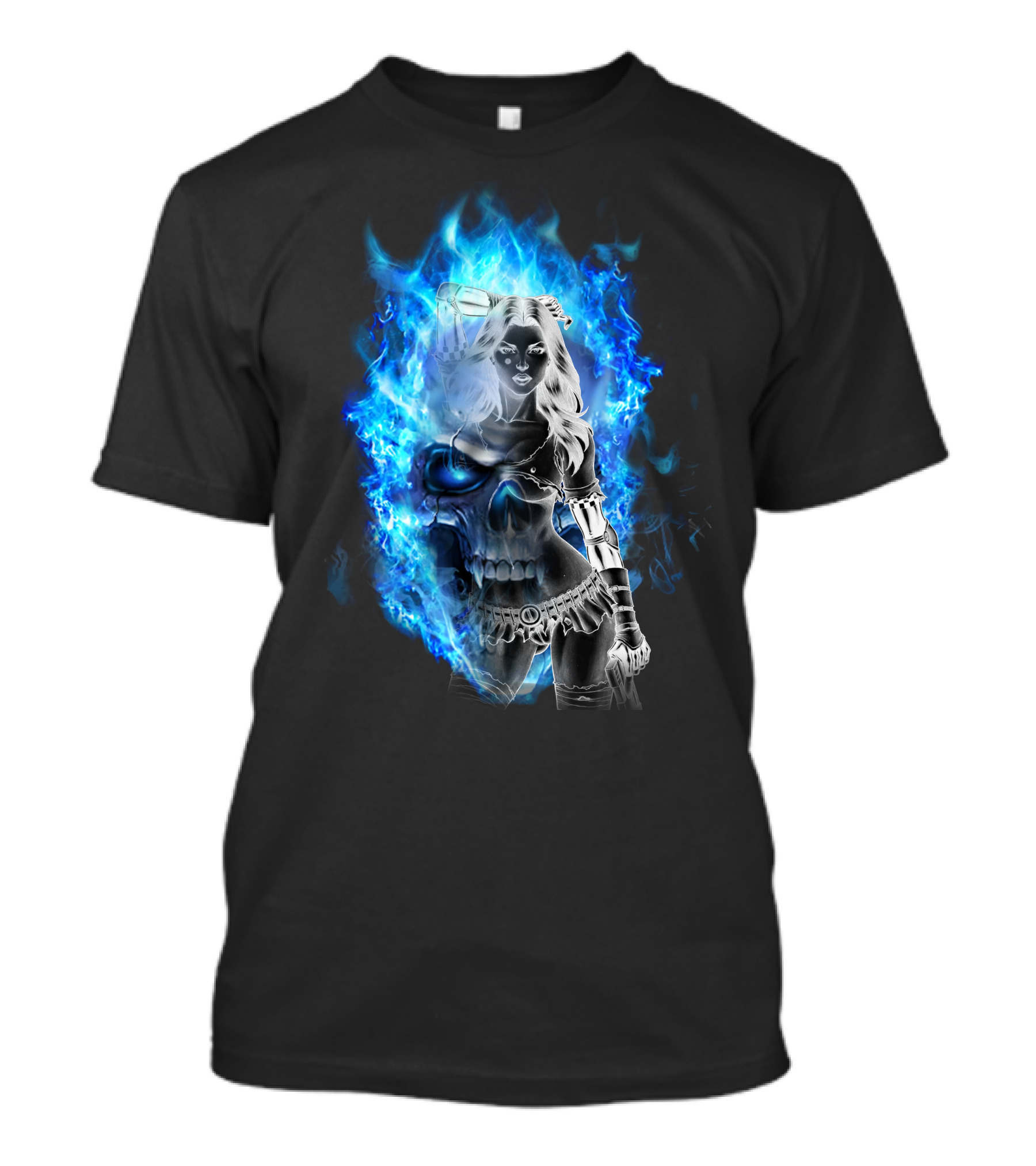 Skull Girl Blue Flames Warrior T-Shirt