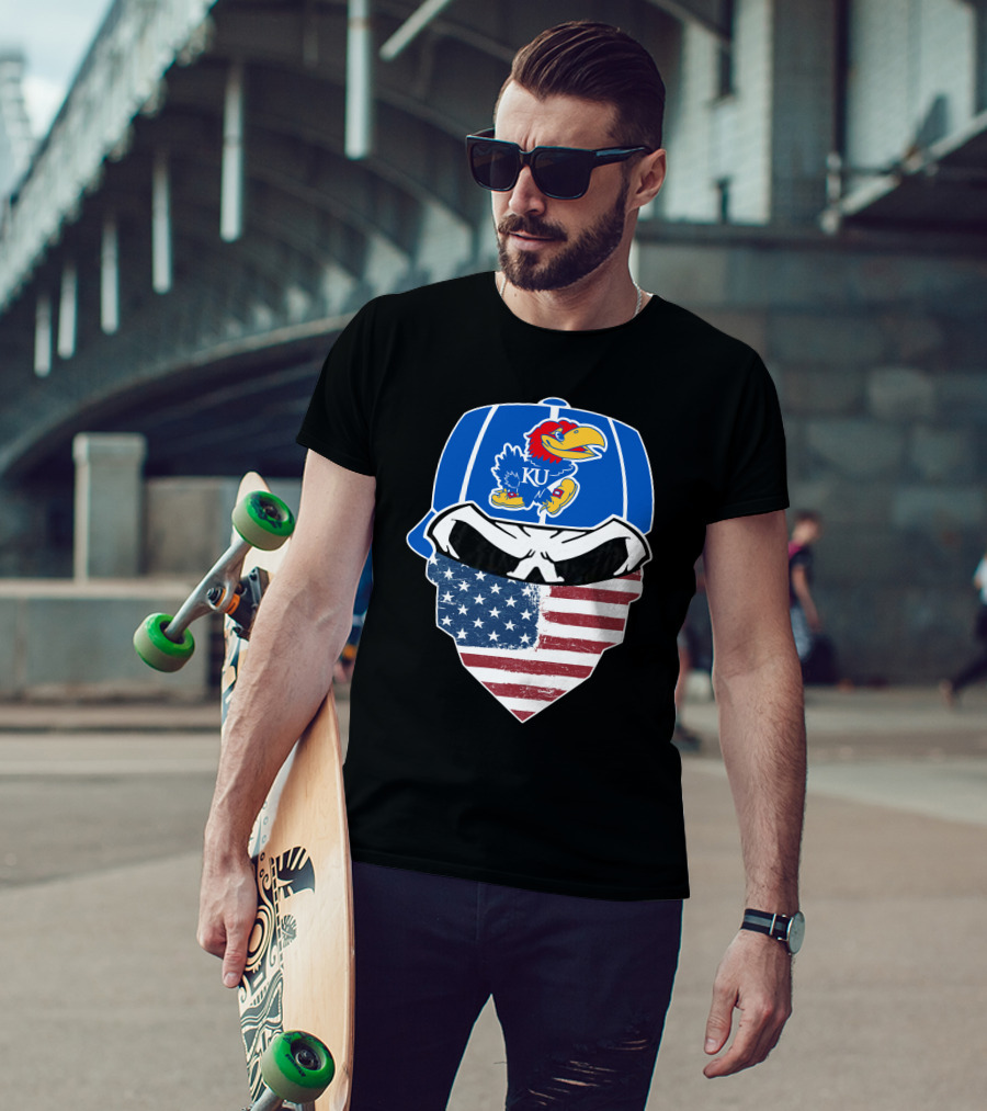 KU Jayhawks Skull American Flag Bandana Cap T-Shirt