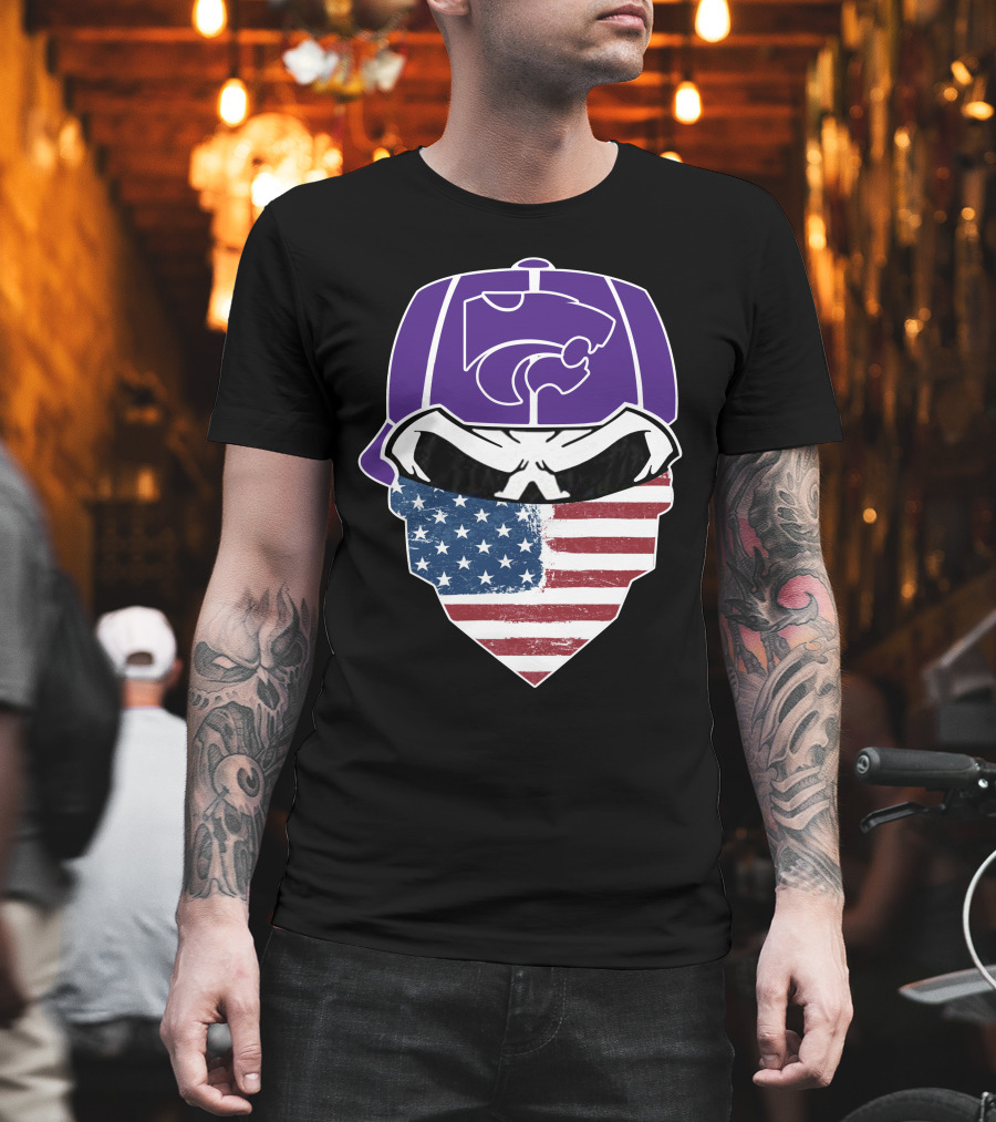 Kansas State Wildcats American Flag Skull Hat T-Shirt