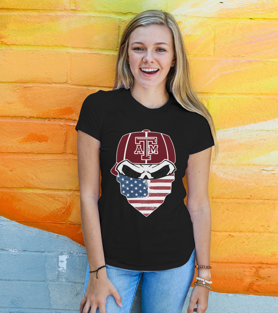 Texas A&M Aggies Skull With American Flag Bandana T-Shirt