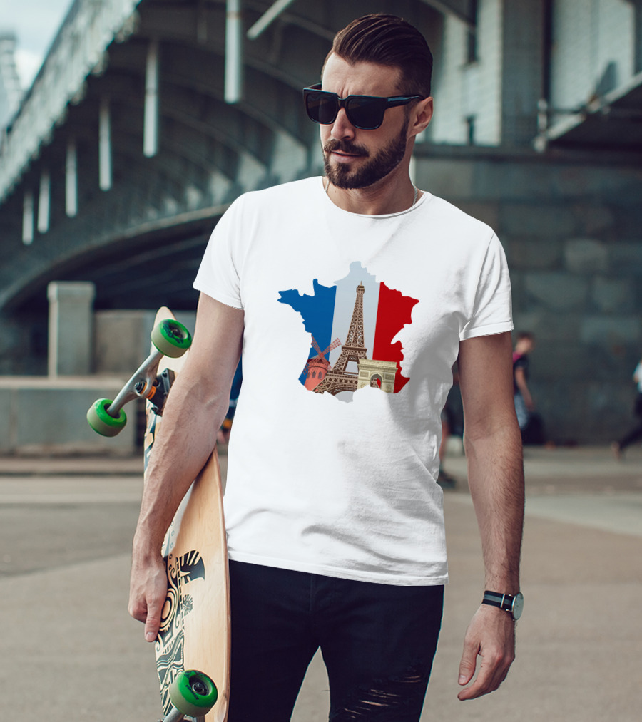 France Map With Eiffel Tower And Moulin Rouge On Tricolor Flag T-Shirt