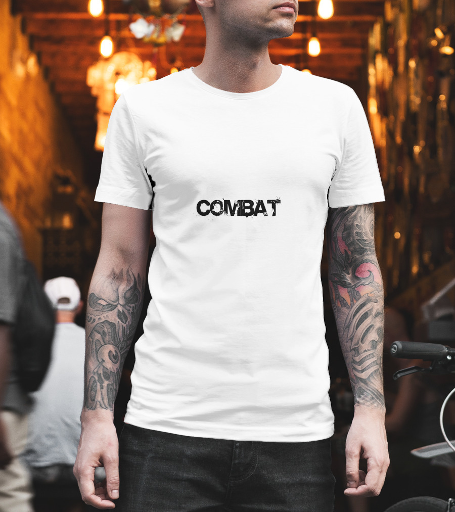 COMBAT Distressed Grunge Style Textured Bold Typography T-Shirt