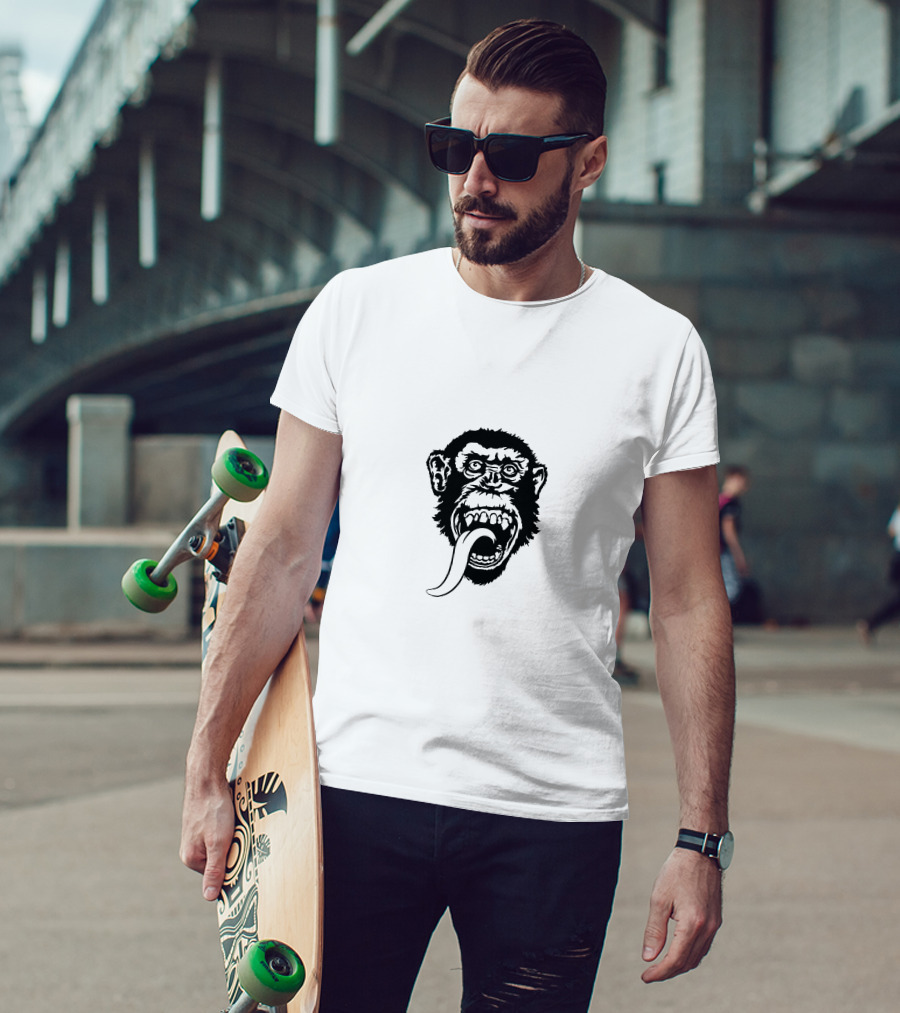 Gas Monkey Tongue-Out Black And White Monkey Head T-Shirt