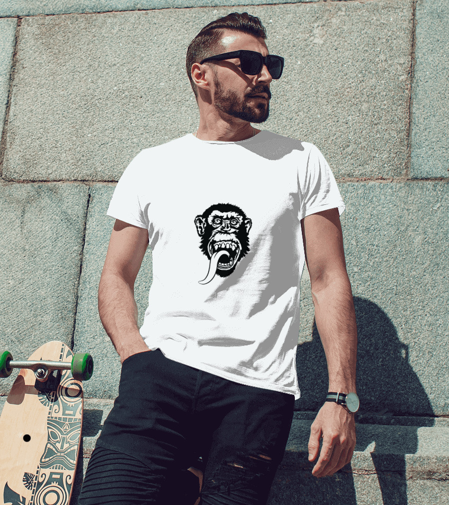 Gas Monkey Tongue-Out Black And White Monkey Head T-Shirt