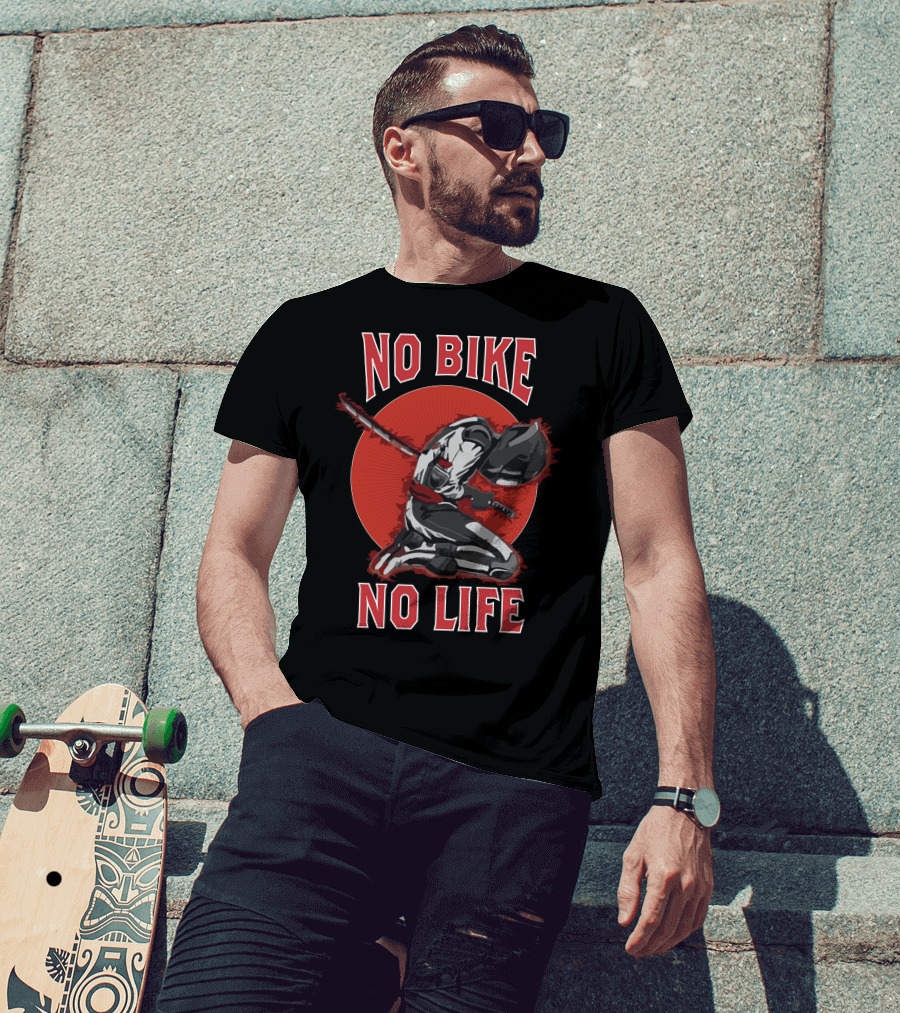 No Bike No Life Skull Bike USA Samurai Kneeling Motorcycle Rider T-Shirt