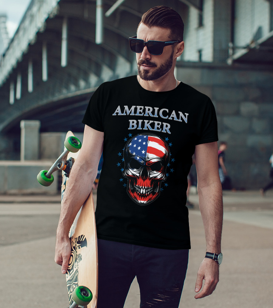 American Biker USA Flag Skull Bike Knight T-Shirt