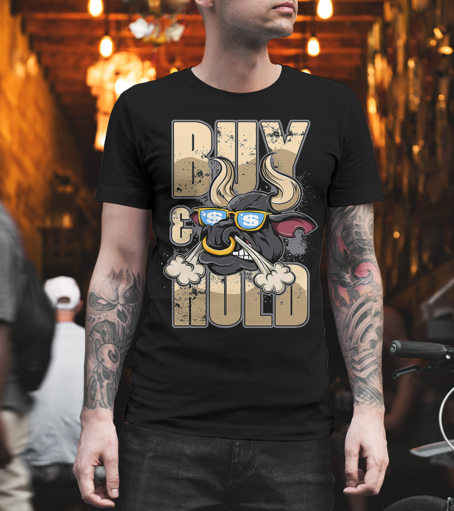 Buy and Hold Bull Head with Dollar Signs IN Sunglasses T-Shirt
