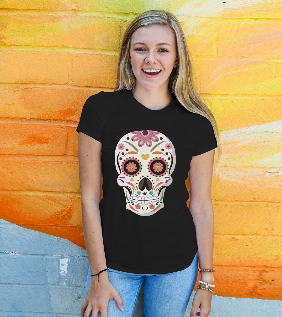 Day Of The Dead Bride Sugar Skull With Floral And Heart Motifs T-Shirt