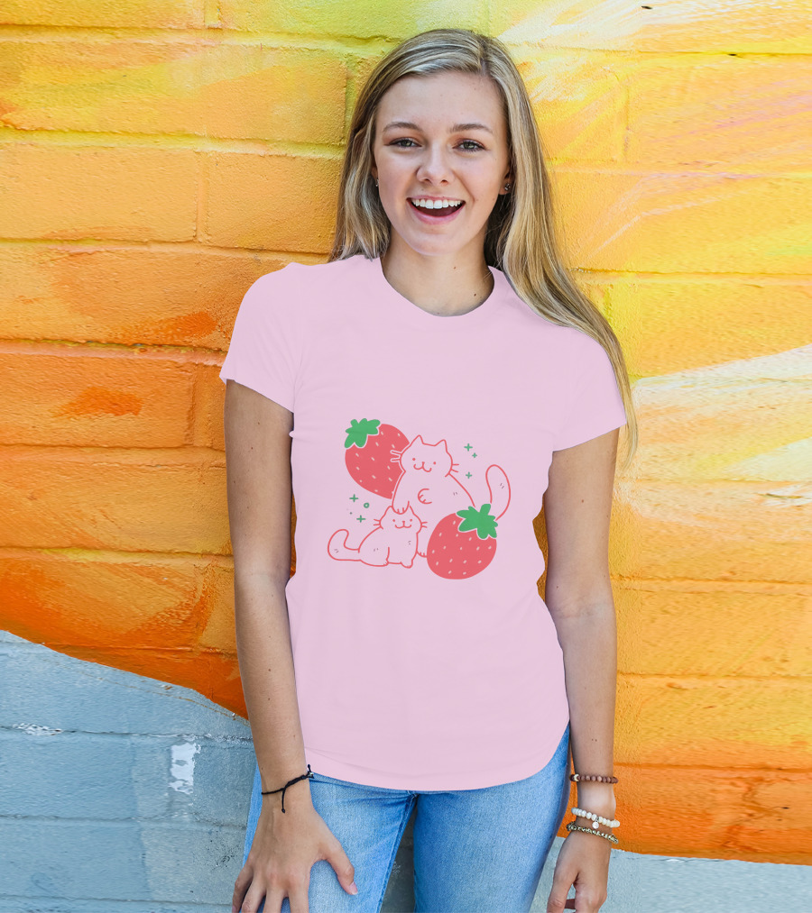 Crowlines Shop Strawberry Cat And Kitten With Stars And Strawberries T-Shirt