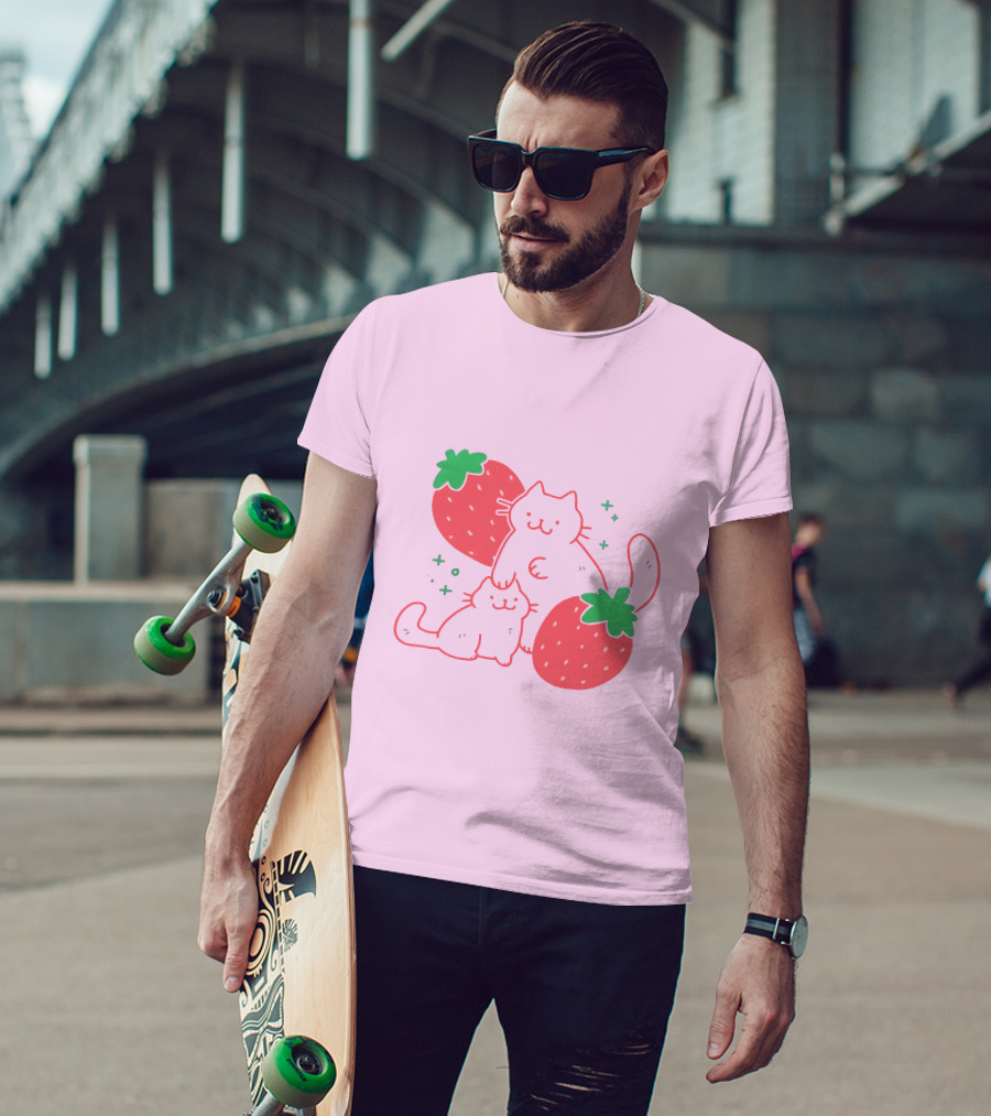 Crowlines Shop Strawberry Cat And Kitten With Stars And Strawberries T-Shirt