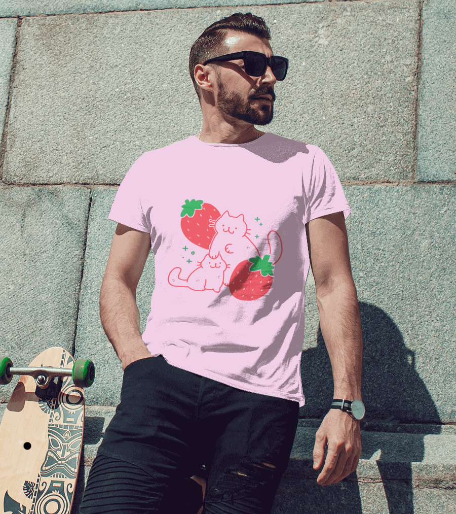Crowlines Shop Strawberry Cat And Kitten With Stars And Strawberries T-Shirt