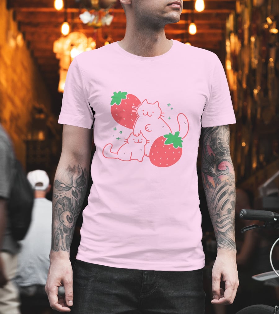 Crowlines Shop Strawberry Cat And Kitten With Stars And Strawberries T-Shirt
