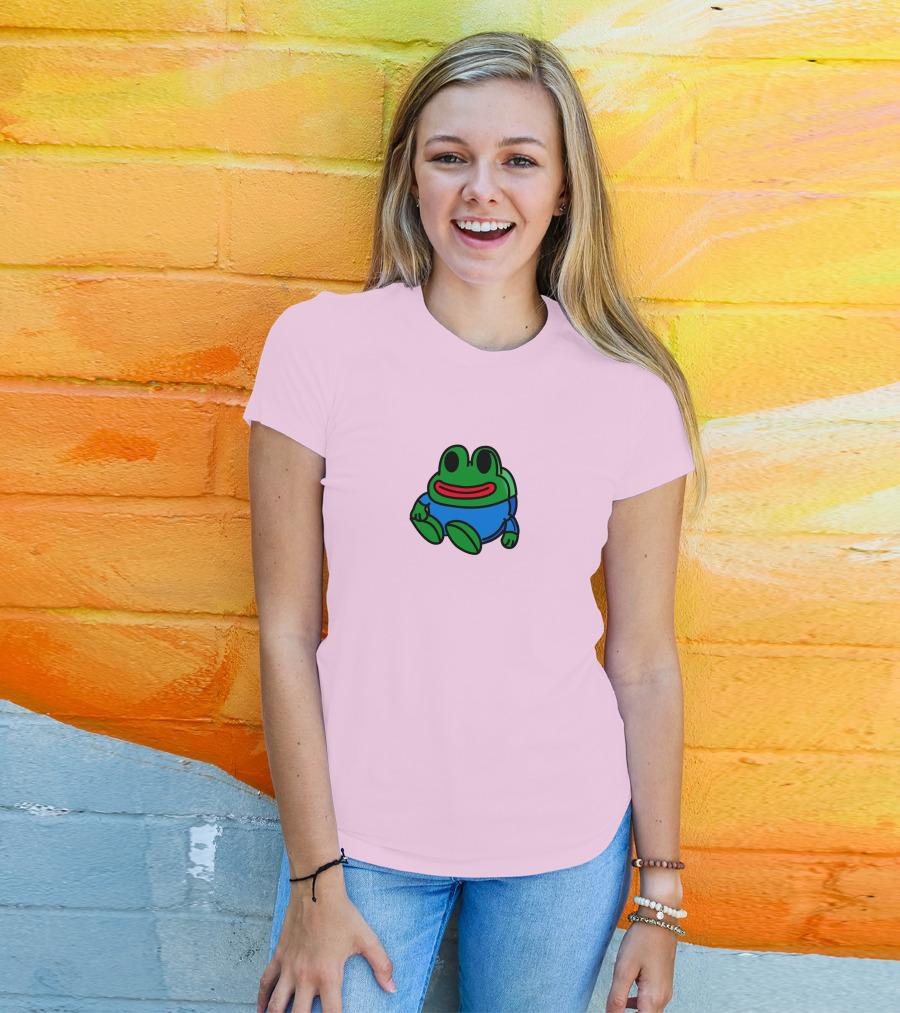 Mizkif Sat REALMizkif Pepe Frog Sitting Cartoon Pink Background T-Shirt