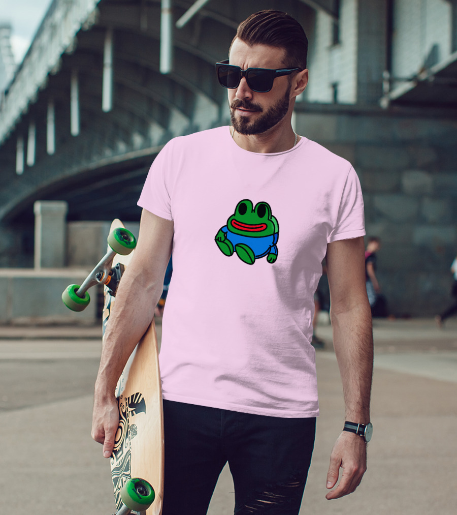 Mizkif Sat REALMizkif Pepe Frog Sitting Cartoon Pink Background T-Shirt