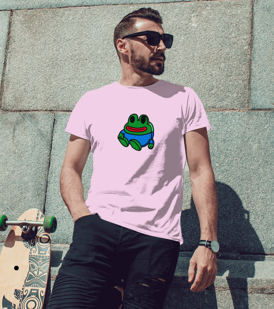 Mizkif Sat REALMizkif Pepe Frog Sitting Cartoon Pink Background T-Shirt