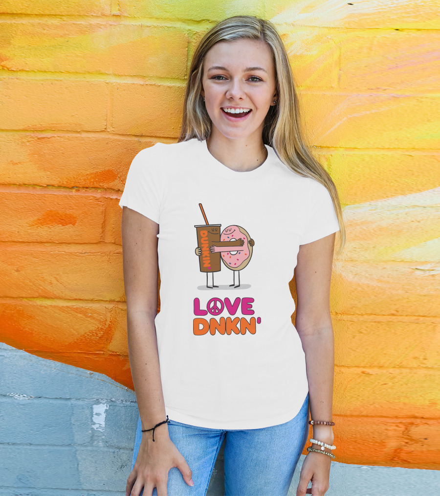 LOVE PEACE DUNKIN' HUGGING CARTOON DONUT AND COFFEE T-Shirt