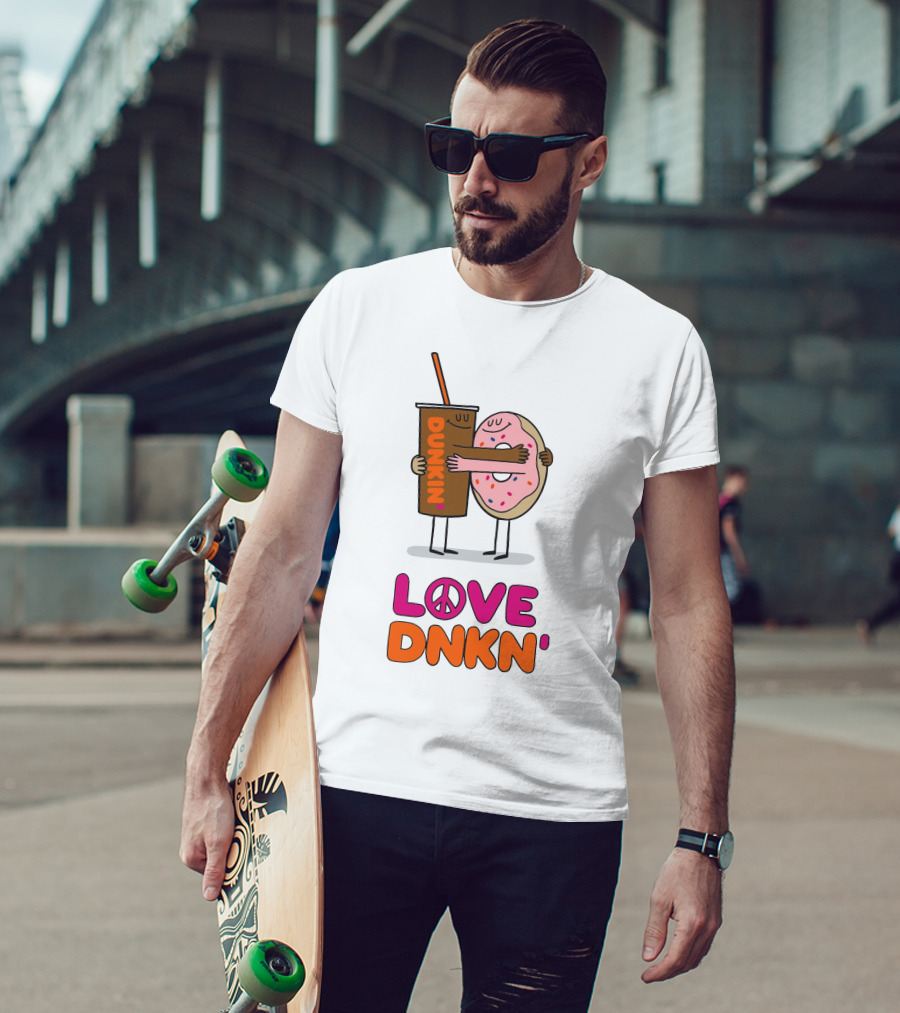 LOVE PEACE DUNKIN' HUGGING CARTOON DONUT AND COFFEE T-Shirt