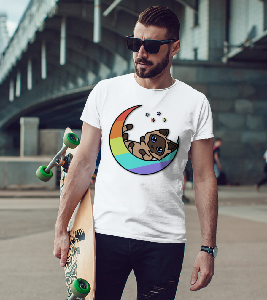 Antfrost Cat On Rainbow Crescent With Stars T-Shirt