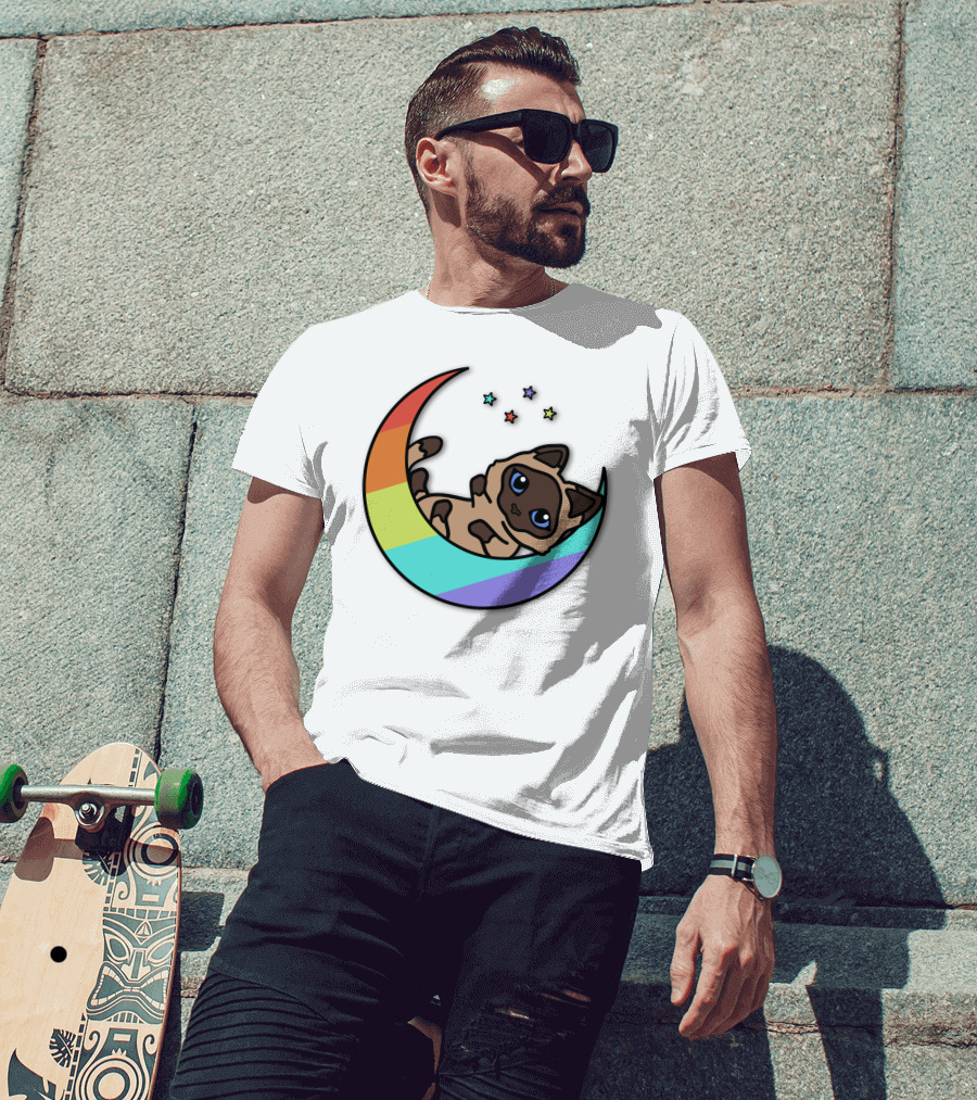 Antfrost Cat On Rainbow Crescent With Stars T-Shirt