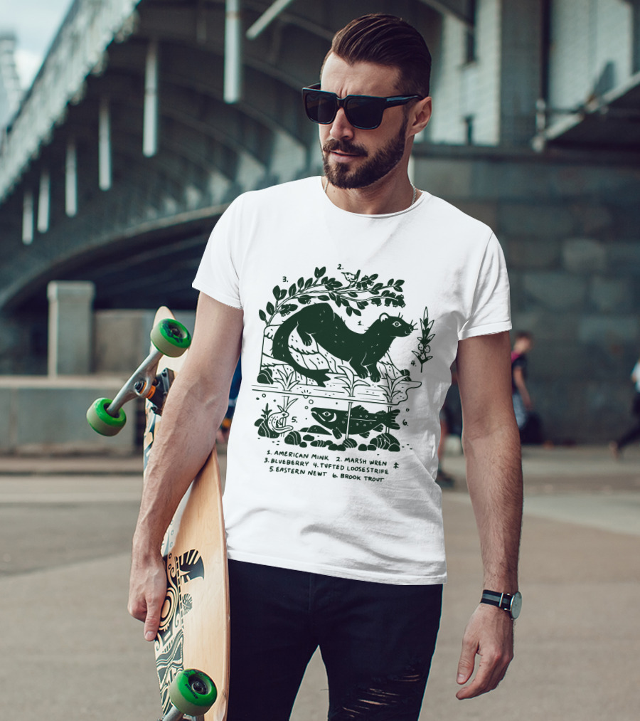 Camp Mustelid Merch Taxonomy American Mink Marsh Wren Blueberry Tufted Loosestrife Eastern Newt Brook Trout T-Shirt