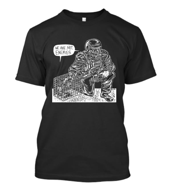 We Are Not Enemies Eli Valley Police Figure Kneeling With Cage T-Shirt